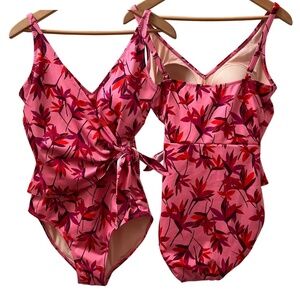 Riviera Wrap-Front One-Piece size 8 pink, red & orange floral pattern